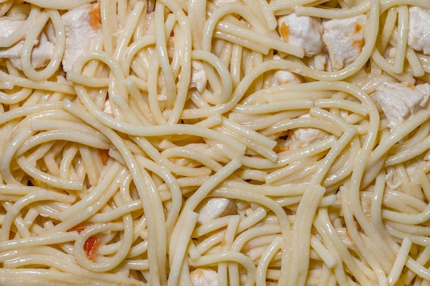 Pasta con salsa di panna bianca, spaghetti con pollo e spezie, vista ravvicinata dall'alto.