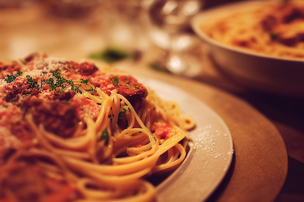 Pasta con salsa di pomodoro, formaggio e basilico sul tavolo in cucinaSelective Focus 2D Illustration