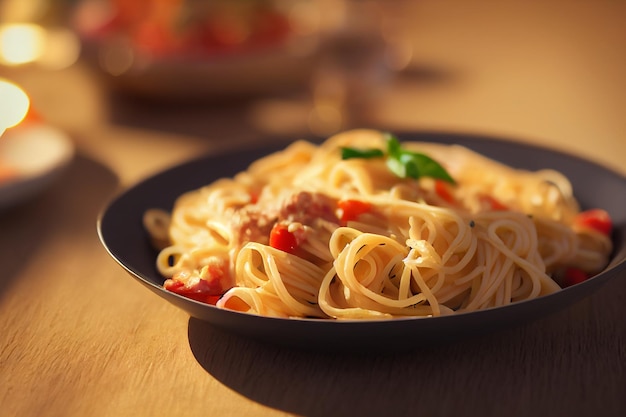 Pasta con salsa di pomodoro, formaggio e basilico sul tavolo in cucinaSelective Focus 2D Illustration