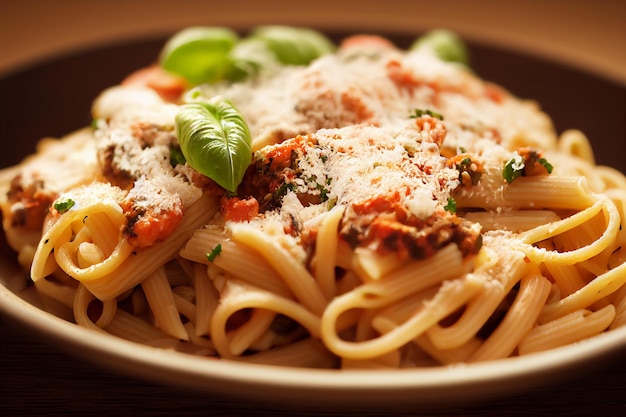 Pasta con salsa di pomodoro, formaggio e basilico sul tavolo in cucinaSelective Focus 2D Illustration