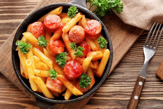 Pasta con salsiccia in padella su fondo di legno