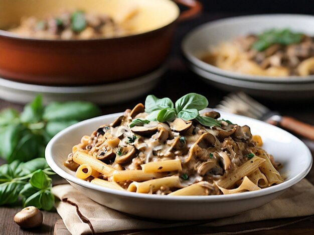 Pasta cremosa e formaggiosa, ricca di ragù di funghi saporito