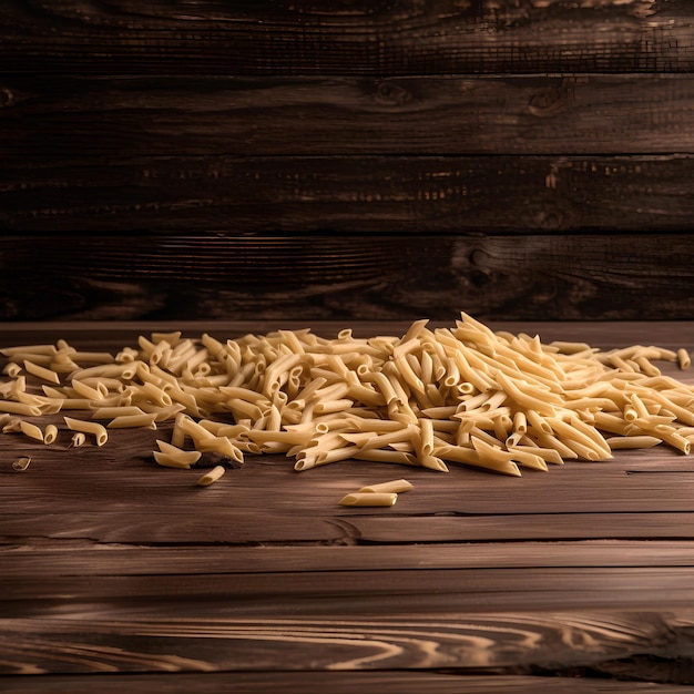 Pasta cruda di penne su sfondo di legno