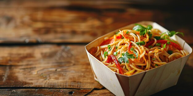 Pasta deliziosa con salsa di pomodoro e basilico in una scatola da asporto