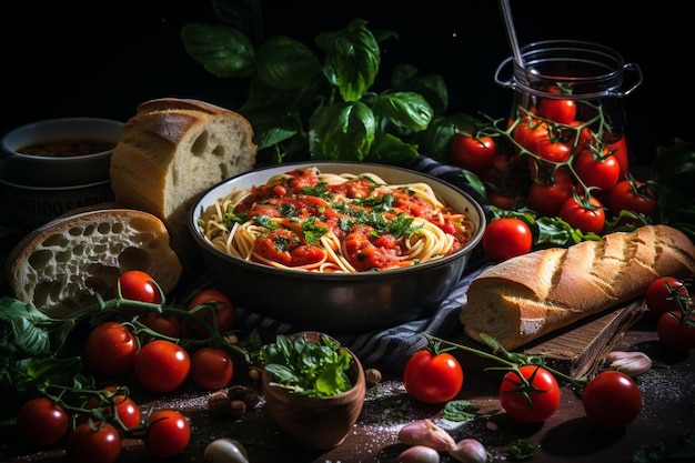 Pasta di frutti di mare con pane all'aglio