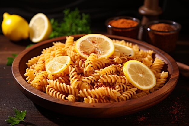 Pasta di fusilli al pepe con fetta di limone su piatto di legno