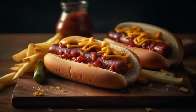 Pasta di hot dog alla griglia con patatine fritte e ketchup generata dall'intelligenza artificiale