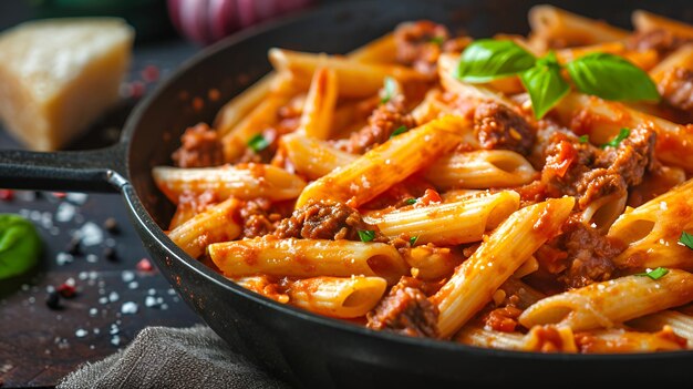 Pasta di penne di manzo in salsa di pomodoro in una padella nera