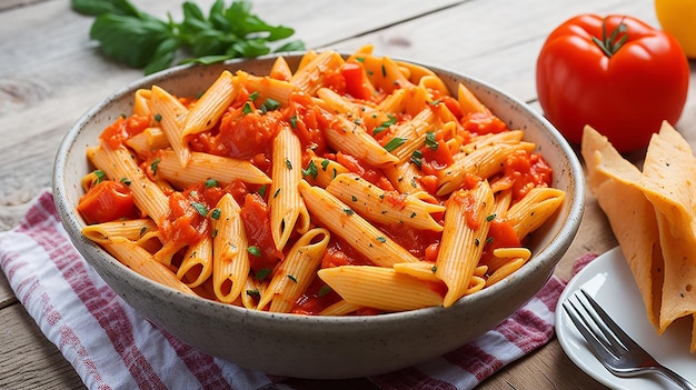 Pasta di Penne in salsa di pomodoro con pollo e pomodori su un tavolo di legno