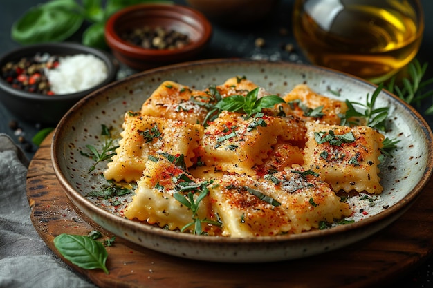 Pasta di ravioli con erbe fresche e olio d'oliva