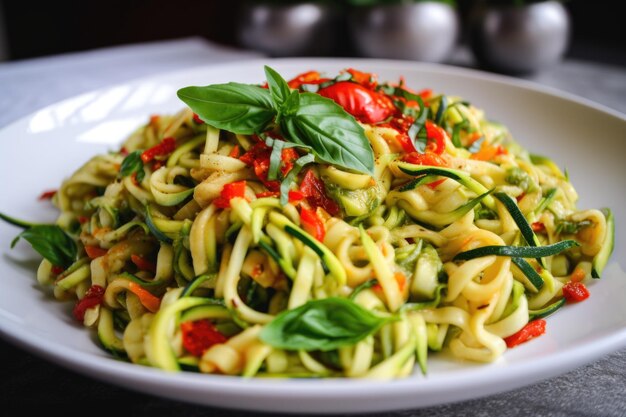 Pasta di zucchine con peperoncini rossi arrostiti e basilico creati con ai generativi