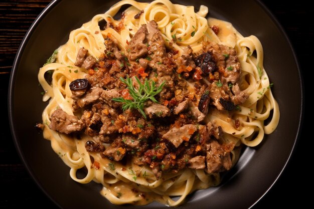 Pasta fettuccine con carne e pomodoro vista dall'alto