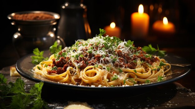 Pasta fresca con bolognese e formaggio parmigiano su un piatto e un cucchiaio