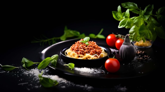 Pasta fresca con sostanziosa bolognese e parmigiano su fondo ligneo generato da ai