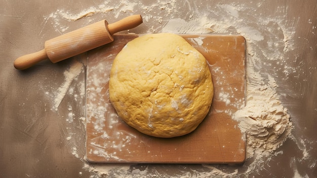 Pasta fresca su una tavola di legno con un rullo pronto per la cottura Farina sparsa in giro per un'atmosfera di cottura autentica