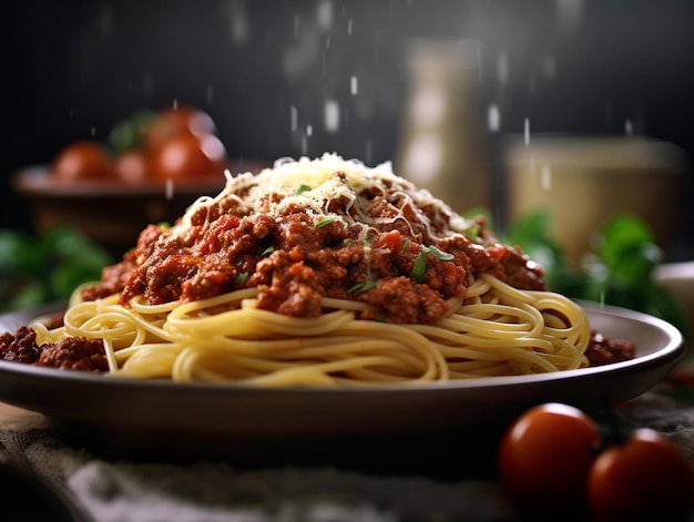 Pasta italiana con carne di pomodoro Gli spaghetti alla bolognese si avvolgono attorno a una forchetta con l'intelligenza artificiale generativa