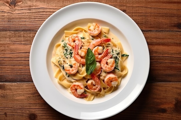 Pasta italiana con salsa cremosa e gamberetti sul piatto Generativo ai