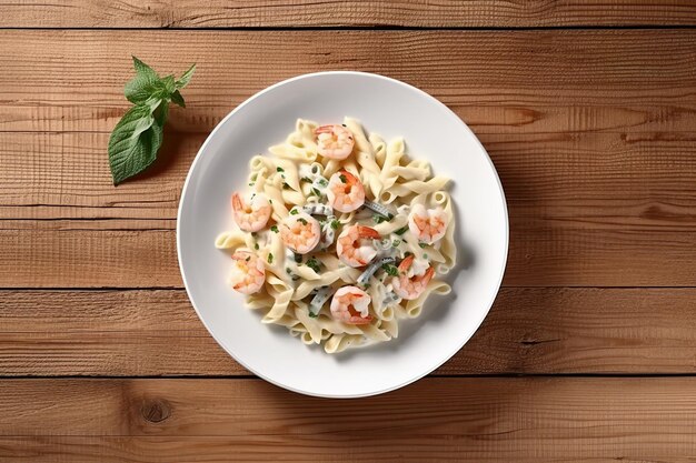 Pasta italiana con salsa cremosa e gamberetti sul piatto Generativo ai