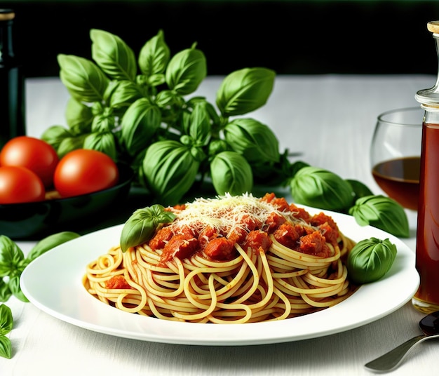 pasta italiana con salsa di pomodoro e foglie di basilico