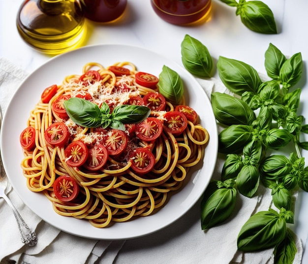 pasta italiana con salsa di pomodoro e foglie di basilico