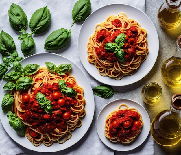 pasta italiana con salsa di pomodoro e foglie di basilico