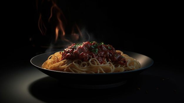 Pasta italiana in un piatto nero su sfondo nero