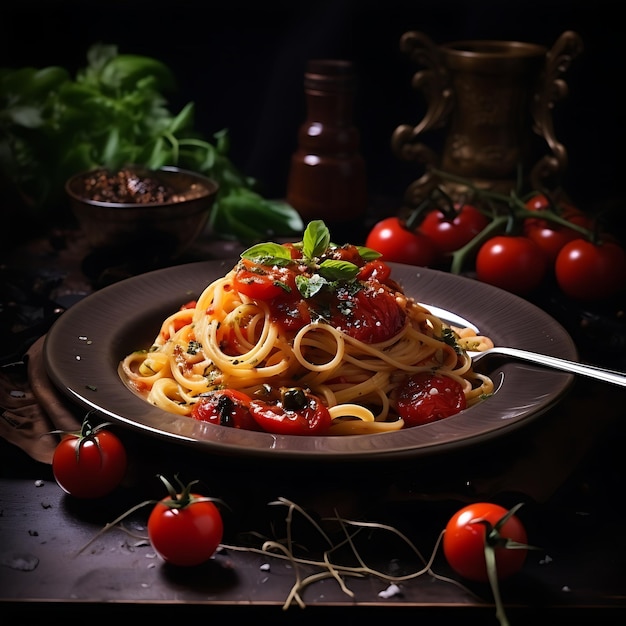 Pasta italiana penne con basilico e formaggio parmigiano fresco su tavola scura Pasta penne con salsa