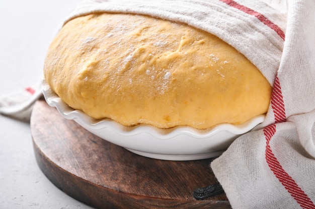 Pasta lievitata cruda con zucca in ciotola bianca ricoperta di asciugamano sul tavolo da cucina infarinato, idea ricetta. Concetto di cottura del pane, focacce o cannella o fare l'impasto.