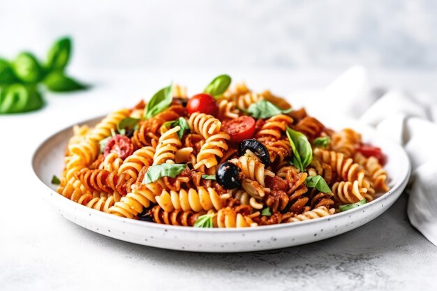 Pasta mediterranea vegana su piatto rotondo bianco su sfondo bianco IA generativa