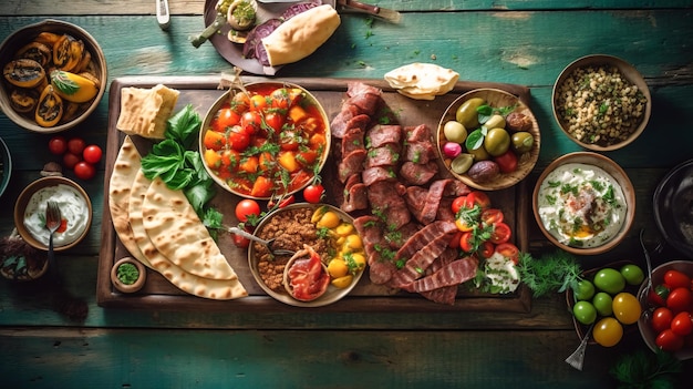 Pasta mezze libanese sopra un tavolo di legno vista dall'alto verso il basso creata utilizzando l'IA generativa