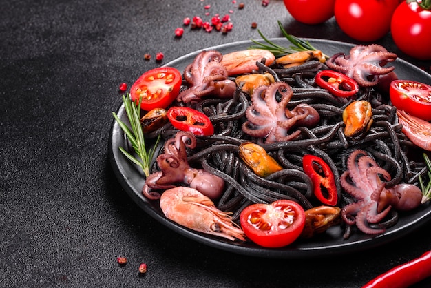 Pasta nera dei frutti di mare con gambero, il polipo e le cozze sul nero