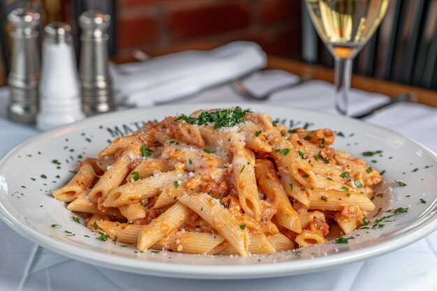 Pasta Penne Arrabbiata guarnita con erbe fresche