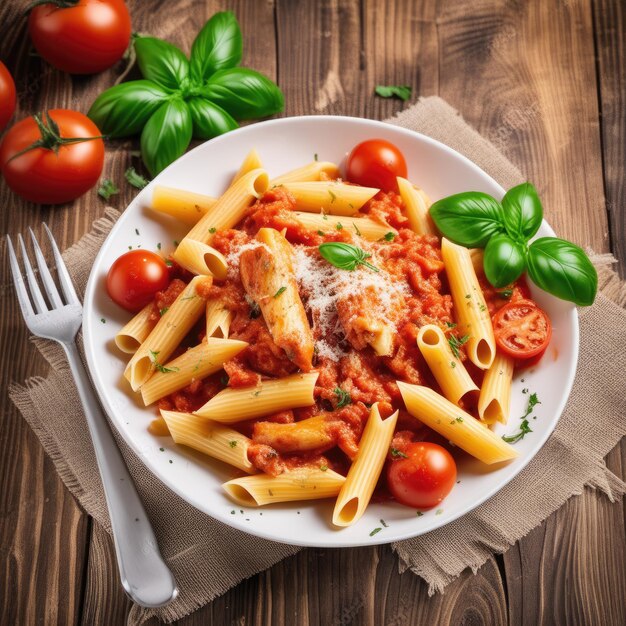 pasta penne in salsa di pomodoro con pollo generato da ai