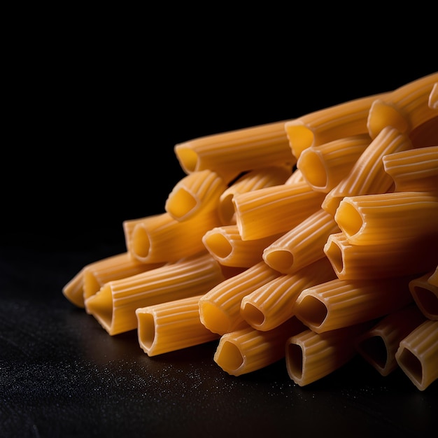 Pasta rigatoni cruda isolata su sfondo nero come elemento di progettazione della confezione generato dall'AI