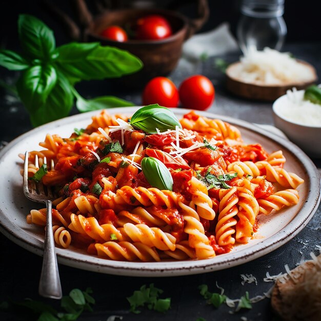 Pasta Spaghetti alla bolognese in piatto bianco su sfondo grigio La salsa alla bolognese è un classico italiano