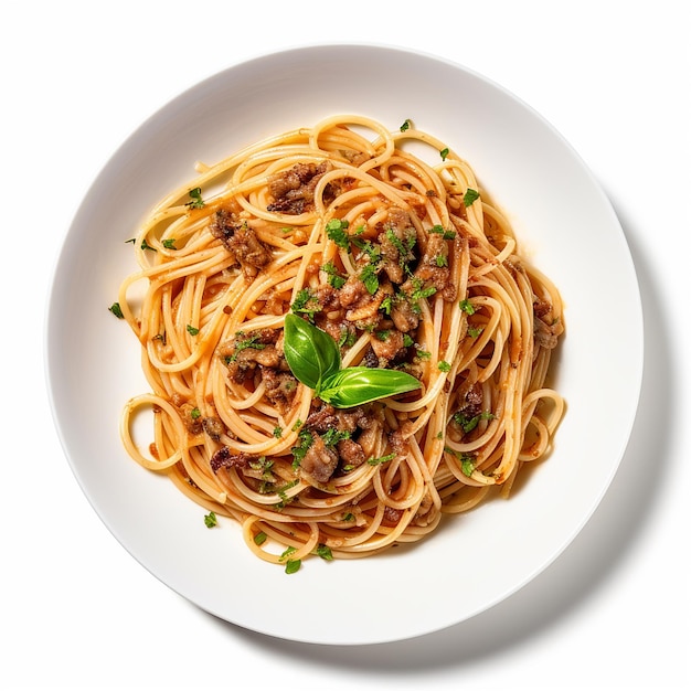 Pasta Spaghetti alla bolognese in piatto bianco su sfondo grigio La salsa alla bolognese è un classico italiano