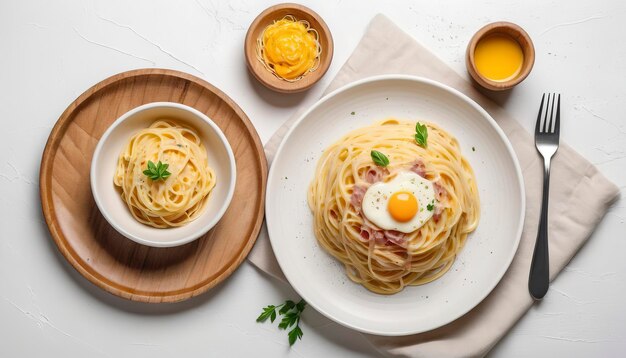 Pasta spaghetti italiana classica alla carbonara con tuorlo d'uovo in piastra di ceramica bianca