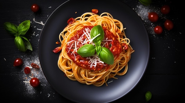 Pasta spaghetti italiana classica gustosa e appetitosa con salsa di pomodoro formaggio parmigiano Generative AI