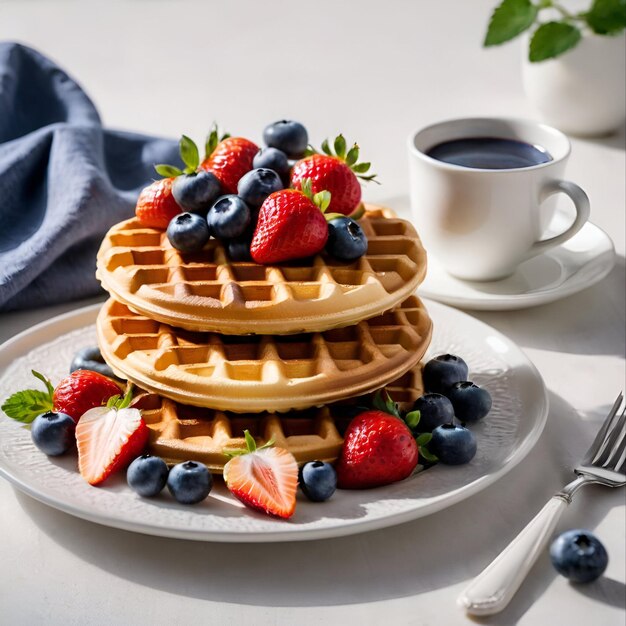 Pasta Waffle viennesi con sciroppo e fragole fresche e mirtilli cotti per la colazione