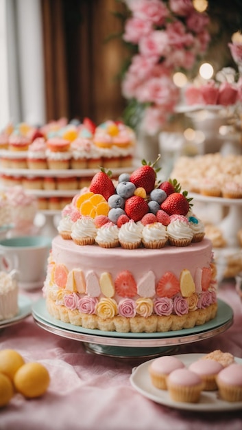 Pastel de bodas en mesa de postres decorada con dulces