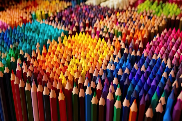 Pastelli vibranti in un negozio d'arte Primo piano di matite colorate su uno scaffale La scelta definitiva per la creatività
