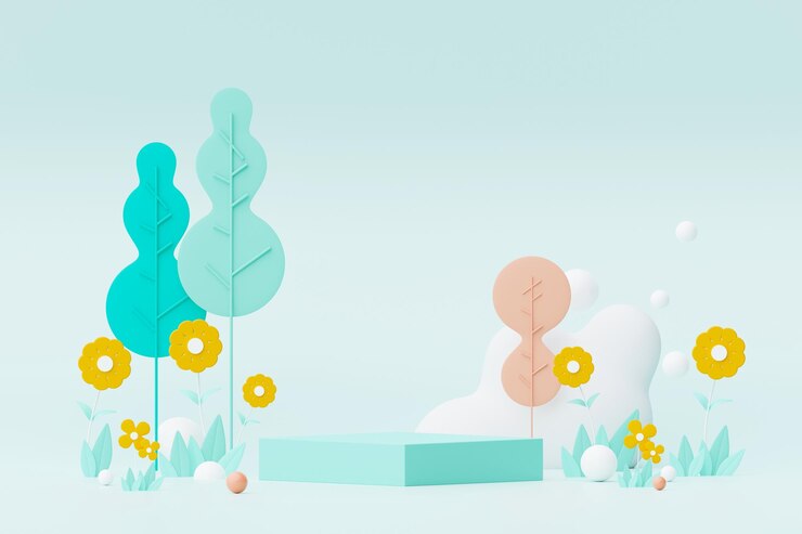 Pastello astratto della natura fiori foglie e piante ad albero con piattaforma di supporto podio Cute Cartoon paesaggio naturale sfondo Scena di piante colorate primaverili con design minimale 3D Render