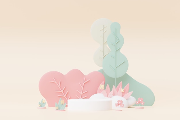 Pastello astratto della natura fiori foglie e piante ad albero con piattaforma di supporto podio Cute Cartoon paesaggio naturale sfondo Scena di piante colorate primaverili con design minimale 3D Render