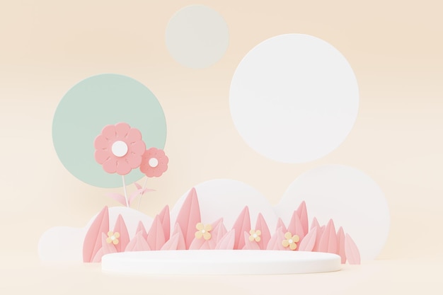 Pastello astratto della natura fiori foglie e piante ad albero con piattaforma di supporto podio Cute Cartoon paesaggio naturale sfondo Scena di piante colorate primaverili con design minimale 3D Render