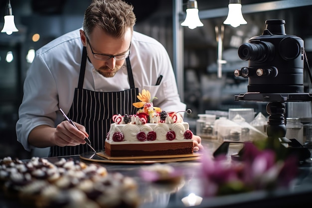 Pasticcere che crea una torta capolavoro