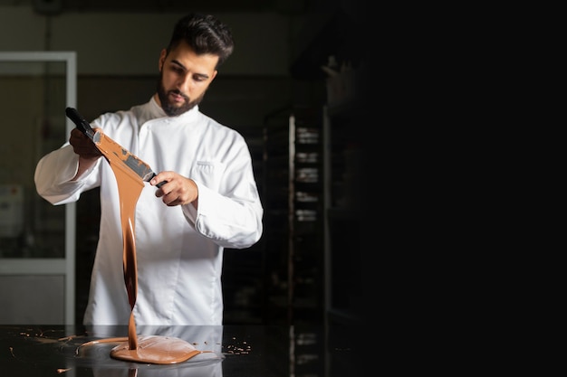 Pasticcere che lavora alla tempera del cioccolato sulla tavola di marmo