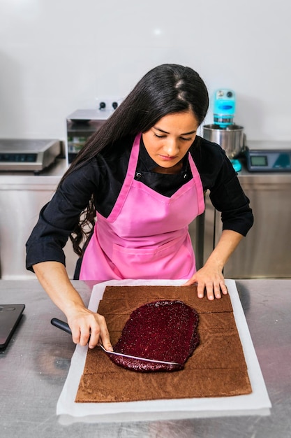 Pasticcere colombiano che spalma la marmellata di fragole sulla torta al cioccolato