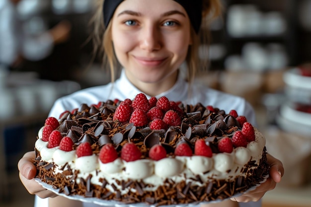 Pasticcere femminile con una torta di fragole in pasticceria