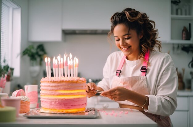 Pasticcere sorridente che decora una torta marshmello colorata al neon in una cucina moderna