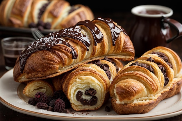 Pasticceria al cioccolato croissant al cioccolato eclair e rotolo di uva passa dolce